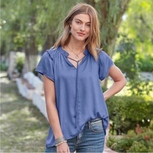 Sundance | Women’s Soft Blue So In Love Short Sleeve Drawstring Neck Blouse, XS